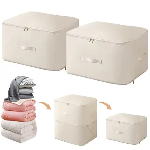 Produktbild: MOFELON 2 Stück Ultra Platz Sparender Selbstkomprimierender Organizer, 2025 Upgrade Komprimierender Organizer, Extra Große Aufbewahrungstasche for Bettdecken Decken Kleidung(Beige,XL+XL,52x42x60CM)