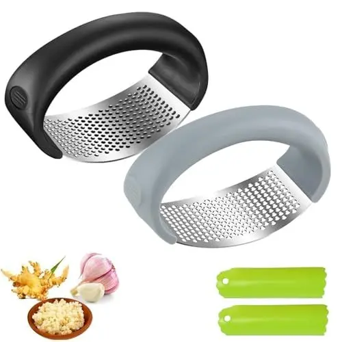 Produktbild: 2 Stück Upgrade Edelstahl Knoblauchpresse, 2024 Neue Knoblauchpresse Wippe, Robuster Knoblauchpresse Edelstahl, Garlic Press mit Silikon Knoblauchschäler, Küchenutensilien (Schwarz, Grau)