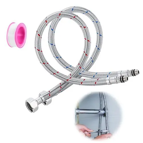 Produktbild: 2 Stück Wasserhahn Schlauch G3/8 x M10 Anschlussschlauch Armatur Verlängerung 80cm Flexschlauch Verlängerung Panzerschlauch mit Dichtungsband Wasserhahn Anschlussschlauch 3/8 Zoll für Mischbatterie