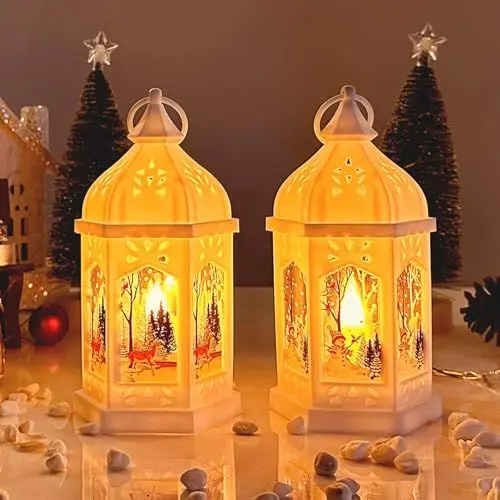 Produktbild: 2 Stück Weihnachtsdeko Laterne Weihnachtslaterne mit Warmweißes LED Licht, 18cm Weihnachten Deko Beleuchtete Windlicht Weihnachten , Batteriebetrieben Weihnachtsdekoration innen