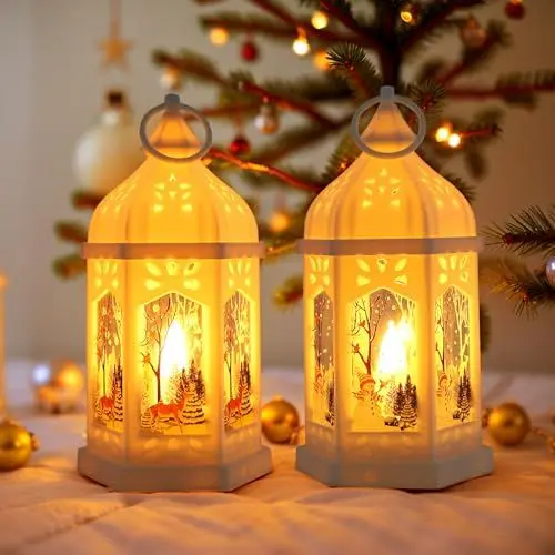 Produktbild: 2 Stück Weihnachtsdeko Laterne Weihnachtslaterne mit Warmweißes Licht, Weihnachten Deko Laterne Beleuchtete Windlicht Weihnachten, Weihnachtsbeleuchtung Weihnachtsdekoration Innen Außen Deko Tischdeko