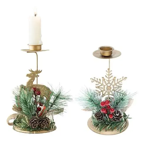 Produktbild: 2 Stück Weihnachtskerzenhalter Als Herzstück, Rustikaler Rentier-Schneeflocken-Kerzenständer mit Roten Beeren, Tannenzapfen, Weihnachtliche Tischdekoration für den Innenbereich,
