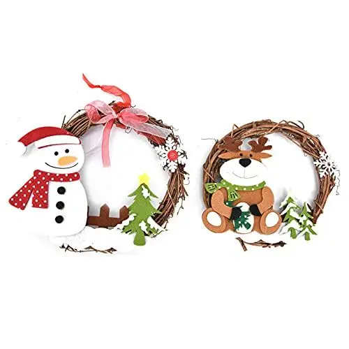 Produktbild: 2 Stück Weihnachtskranz für die Haustür, Weihnachtskranz, Niedlicher Schneemann, Hirsch, Wandtür, Hängender Kranz, Dekoration, Rattan-Kranz, Weihnachtsdekoration für Draußen und Drinnen