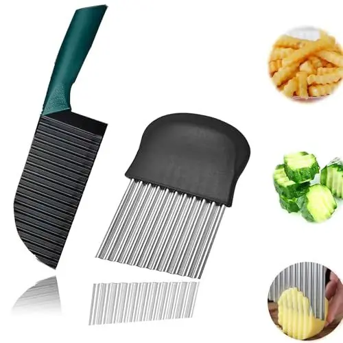 Produktbild: 2 Stück Wellenschneider,Wellenschneider Kartoffelme,1 Crinkle Cutter&1 Pommes Wellenmesser Edelstahl mit Schützendem, Scharfes, stabiles und leicht zu schneidendes Wellenmesser für Gemüse, Salat und P