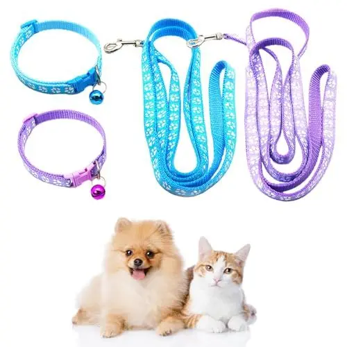 Produktbild: 2 Stück Welpenhalsbänder mit Leine, Hundehalsband und Leine Set Verstellbares Hundehalsband Weich Polypropylen feiner Haustier Halsband für Welpen Kleine Mittlere Hunde(Lake blue+Light purple)
