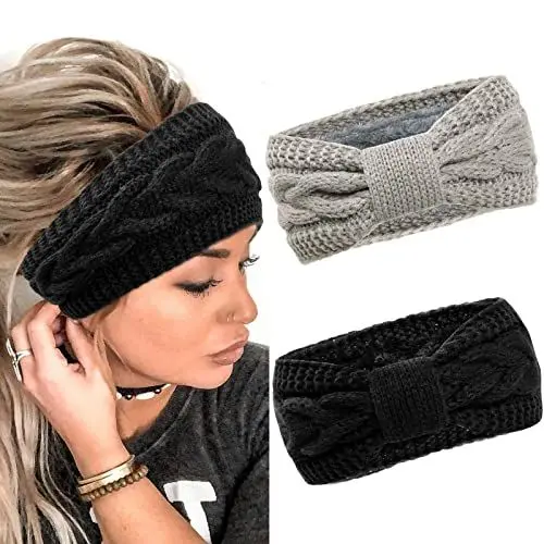 Produktbild: 2 Stück Winter Stirnband Damen Strick Ohrenwärmer Haarband Haarreifen Mädchen Geknotet Gestrickt Stirnbänder Verdicken Frauen Haarbänder Häkelarbeit Elastische Plüsch Sport Skifahren (Schwarz + Grau)