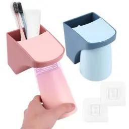 Produktbild: 2 Stück Zahnputzbecherhalter Ohne Bohren, Zahnbürstenhalter Wand, Halterung Elektrische Zahnbürste, Zahnputzbecherhalter Mit Magnetischem Becher, Zahnputzbecher Halterung für Badezimmer (Blau + Rot)