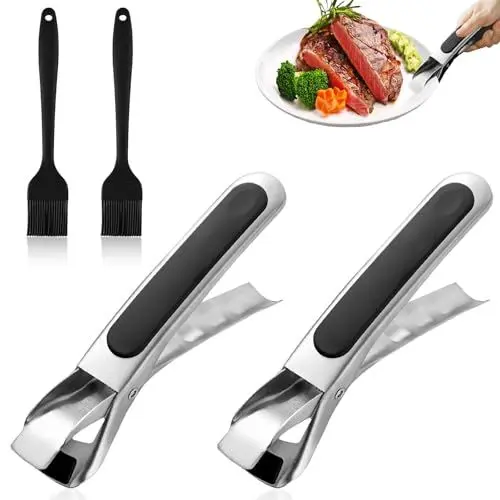 Produktbild: 2 Stück Zange für Heißluftfritteuse, Anti Verbrühungs Zange Rutschfeste Edelstahl Küche Retriever mit Silikonbürste Anti-Hot Dish Gripper zum Heben Heißer Schalen Heiße Platte (Schwarz)