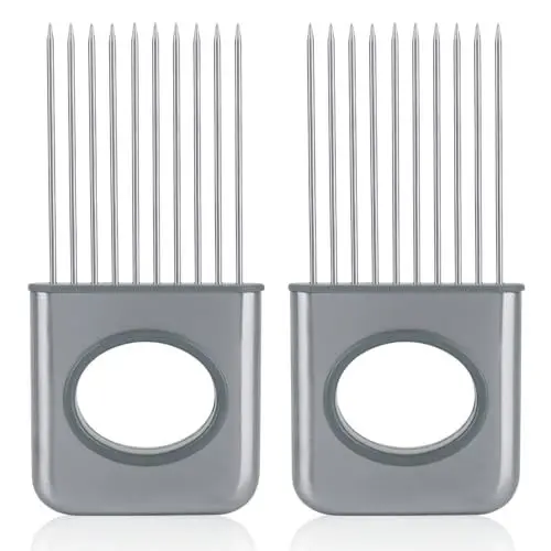 Produktbild: 2 Stück Zwiebelhalter zum Schneiden, Edelstahl, Zwiebelschneider, Zwiebelschneider, Halter, Lebensmittelschneider, Hilfswerkzeug, Fleischklopfernadel mit 10 Zinken, Gemüsehalter
