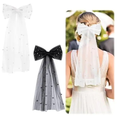 Produktbild: 2 Stücke Haarschmuck Hochzeit Bride Brautschleier Haarspange mit Schleife Haarspange Braut Haarschleife Weiß,Schwarz,Perlenschleier,Elegantes Temperament,Geeignet für Frauen und Mädchen