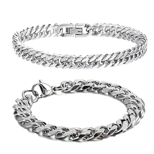 Produktbild: 2 Stücke Herren Edelstahl Armbänder, Miami Armkette mit Gravur Personalisiertes Geschenk, Herrenarmbänder für Männer Jungs Kubanische Armband für Ihn DAD Freund Ehemann Bruder