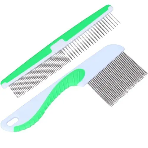 Produktbild: 2 Stücke Hundekamm Edelstahl KatzenKamm Flohkamm Cat Comb Hunde Kamm,für Hunde Katzen mit Kurz, Mittler,Lang Haar(Grün)