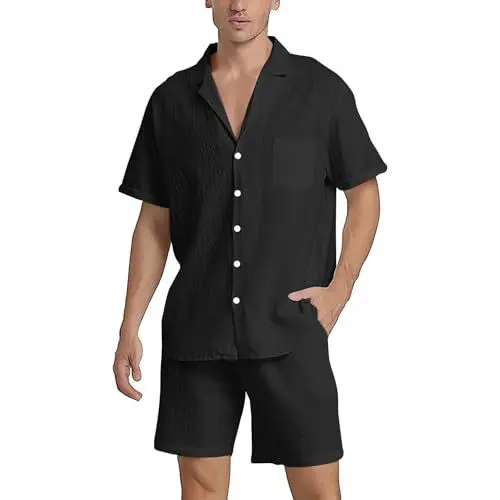 Produktbild: 2 Teiler Herren Leinenanzug Sommer Outfit Männer Leicht Baumwolle und Leinen Hemd & Short Set Men Summer Clothes Mode Urlaub Strand Bequem Zweiteiler Kleidung Klamotten Herren Modische Kleidung