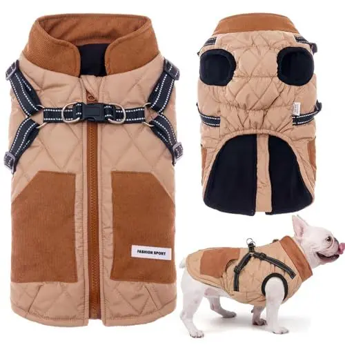 Produktbild: 2 in 1 Hundejacke mit Geschirr Winterwarme Hundemäntel Winddichte Haustierkleidung Mit Taschendesign Schneeanzug Hundejacken für Kleine Mittelgroße Hunde Tägliche Spaziergänge, Training, Abenteuer