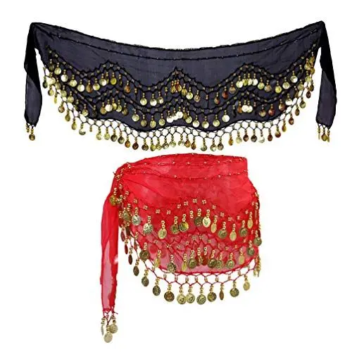Produktbild: 2 stücke frauen bauchtanz hüfttuch röcke wickeln mit 128 bling pailletten bauchtanz yoga klasse leistung zubehör schwarz + rot