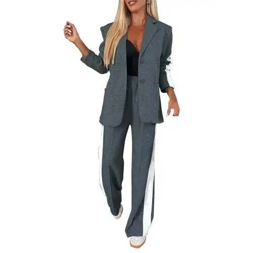 Produktbild: 2 teiler Damen Sommer,Hosenanzüge für Damen Festlich Elegant Blazer Zweiteiler Hosenanzug Business Modern Anzug Set Revers Slim Fit Sportlich Büro Outfit 2 teiler Sommer Freizeitanzug,Dunkelgrau XXL