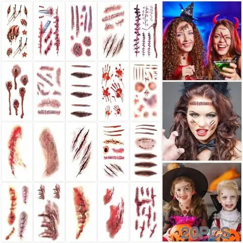 Produktbild: 30 Blatt Halloween Narben,Halloween Wunden,Tattoo,Temporäre Scars Klebetattoos Zombie Blut für Kratzer Karneval Schminke,Gruselig Make up Requisiten Cosplay