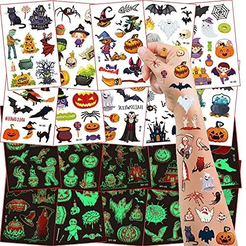 Produktbild: 20 Blatt Halloween Tattoo Kinder, Halloween Kinder Gesicht Tattoos Leuchtende, Halloween Kostüm Kinder Gesichtstattoo Schminke Accessoires, Halloween Deko Kinder Party Mitgebsel Spiele Geschenke