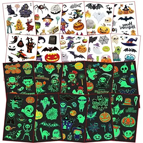 Produktbild: 20 Blatt Halloween Tattoos Kinder, Halloween Tattoo Gesicht Leuchtende, Tattoos Aufkleber für Halloween Deko Kinder Party Spiele Mitgebsel Geschenke, Halloween Kostüm Kinder Schminke Accessoires