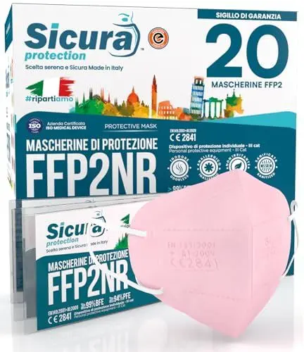 Produktbild: 20 CE zertifizierte FFP2 Masken Rosa Geprägtes Logo SICURA BFE ≥99% Made in Italy SANITIZED und einzeln versiegelt FFP2-Masken