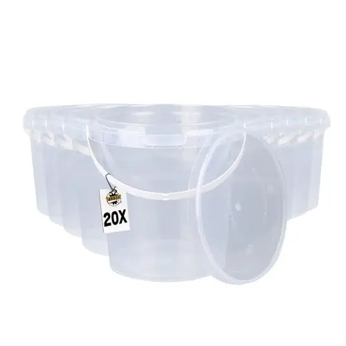 Produktbild: 20 Eimer mit Deckel 1l Transparent rund | Kunststoff Eimer | Lebensmittelecht Eimer | luftdicht und stabil | Leer Eimer mit Griff und Deckel für Lebensmittel | Chemie | Tierfutter geeignet