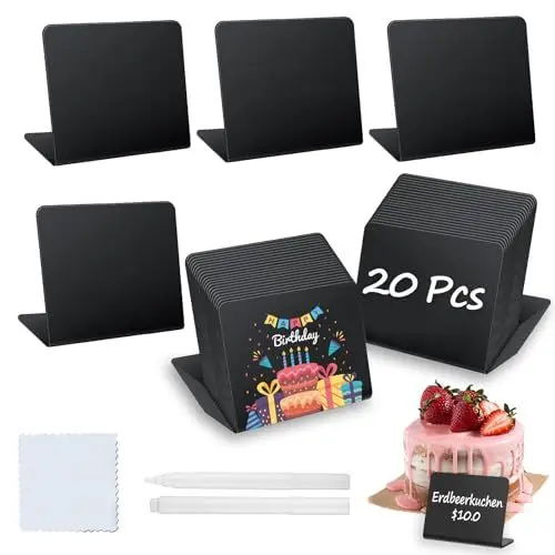 Produktbild: 20 Kreidetafel Klein Set, Kleine Tafeln Zum Beschriften, Preisschilder Aufsteller In L-Form, Buffet Schilder Mit 2 Stifte Und 1 Putztuch, Schiefertafel FüR Gastronomie Buffet Café Hochzeit Party