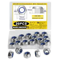 Produktbild: 20 STK M10 Muttern Set, Selbstsichernde Muttern, DIN985 Mutter M10 Edelstah Standard A2 V2A Muttern, Metrisch Sechskantmuttern M10, Sicherungsmuttern M10, Stopmuttern, Kontermuttern, Schraubmutter