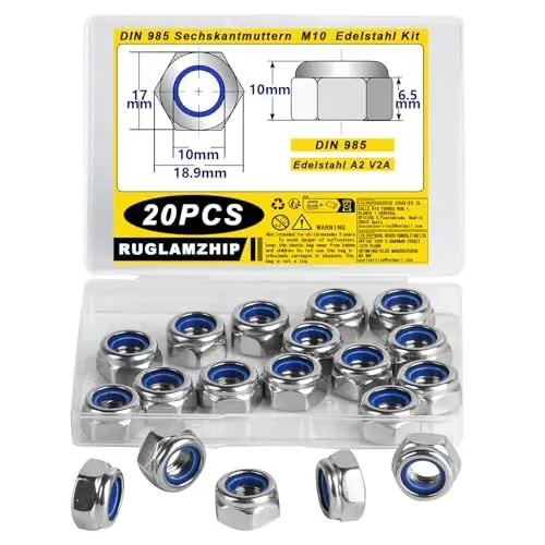 Produktbild: 20 STK M10 Muttern Set, Selbstsichernde Muttern, DIN985 Mutter M10 Edelstah Standard A2 V2A Muttern, Metrisch Sechskantmuttern M10, Sicherungsmuttern M10, Stopmuttern, Kontermuttern, Schraubmutter