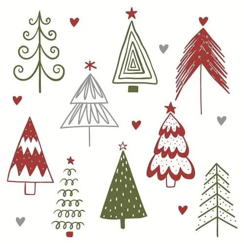 Produktbild: 20 Servietten Weihnachten Gemalte Weihnachtsbäume rot-grün als Tischdeko. Papierservietten mit Motiv. Auch für Decoupage und Serviettentechnik 33x33cm
