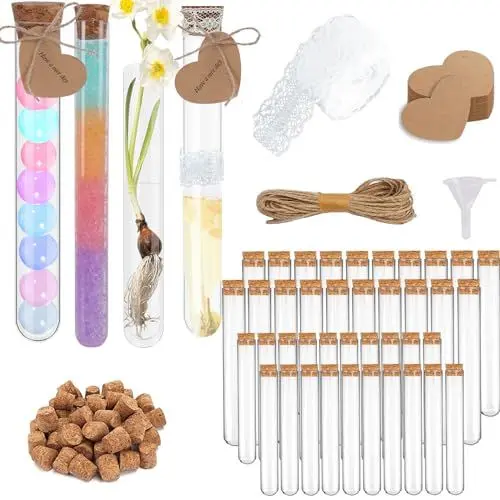 Produktbild: 20 Stück16x 150mm+20 Stück 20x150mm Reagenzgläser mit Korken kunststoff, Kraftpapieranhänger, Hanfseil, Trichter, Spitzenband, Transparent Reagenzgläser für Blumen, Süßigkeiten, Badesalz