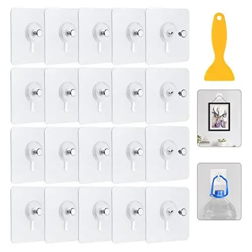 Produktbild: 20 Stück Bilderhaken Selbstklebend, Transparent Klebehaken Bilderhaken Ohne Bohre, Bildaufhänger Selbstklebend für Bilder Poster Fotos Gemälde mit Kleiner Schaber, Maximale Belastung 5 kg