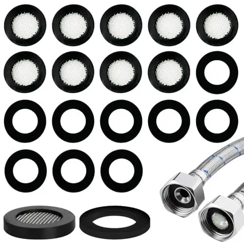 Produktbild: 20 Stück Dichtungsringe Set, 10 Stück Dichtungsring mit 10 Stück Siebdichtung 19 mm Dichtung für Duschschlauch Gummi Unterlegscheiben Rund für Brauseschlauch Wasserhähne (Schwarz)