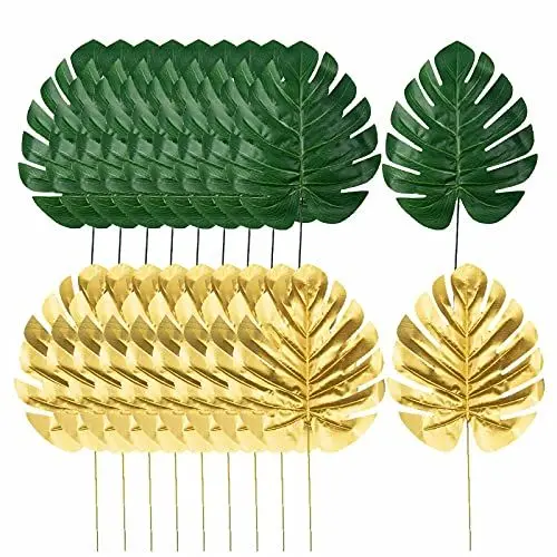 Produktbild: 20 Stück Künstlich Palmenblätter Deko, Künstliche Blätter Tropische Palmblätter mit Stielen Monstera-Blätter für Hawaiian Luau Dschungel Strand Thema Party (Grün, Gold)