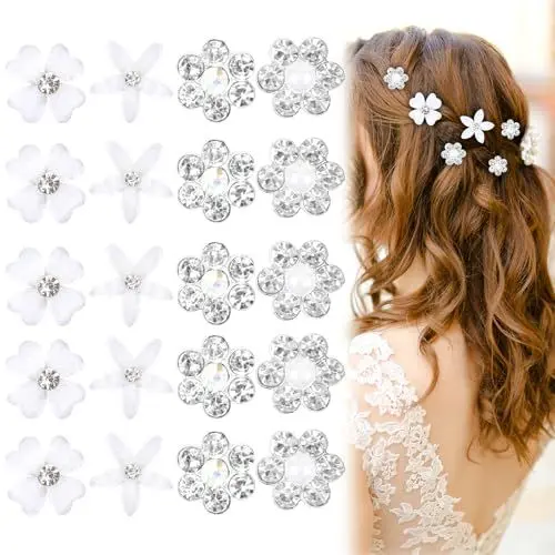 Produktbild: 20 Stück Weiße Kleine Blumen Haarspangen, Mini Haarspange Blume mit Strass,Süße Haarschmuck Mädchen Damen,Haarspangen Mädchen, Haarschmuck Hochzeit,Haarklammern Klein für Hochzeit Alltäglich,4 Muster