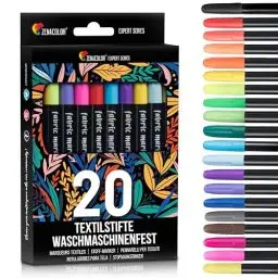 Produktbild: 20 Textilstifte Waschmaschinenfest - Textilfarbe Waschmaschinenfest - Ungiftig, Waschfeste und Permanente Stoff Marker ideal für T-Shirts, Stofftaschen und andere Textilien - Für Kinder und Erwachsene