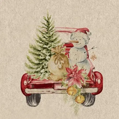 Produktbild: 20 nachhaltige Servietten aus Recycling-Papier Weihnachten Schneemann auf Auto als Tischdeko. Papierservietten mit Motiv. Ökologisch nachhaltige Deko aus recyceltem Papier. 33x33cm