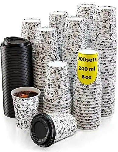 Produktbild: 200 Pappbecher 240ml mit Deckel - Kaffeebecher to Go Zum Servieren von Kaffee, Tee, Heißen und kalten Getränken