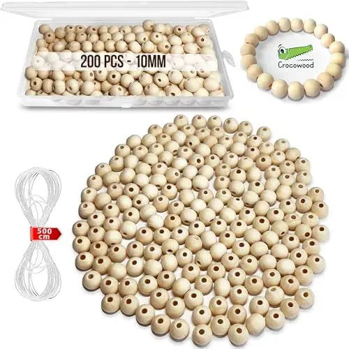Produktbild: 200 St Holzperlen 10mm für Schmuckherstellung - Makramee Holzperlen Natur mit Elastische Angelschnur für Armbandherstellung -Natur Holzkugeln zum Auffädeln Holz - Rund Holz Perlen mit 4mm Loch