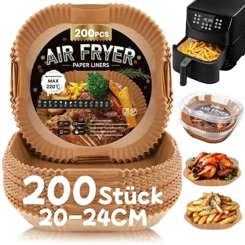 Produktbild: 200 Stück Backpapier für Heißluftfritteuse,20-24CM Airfryer Backpapier Antihaft Wasserdicht Ölfest Einwegschalen Luftfritteuse Pergamentpapier Liner Kompatibel mit COSORI Philips Cecotec Russell Hobbs