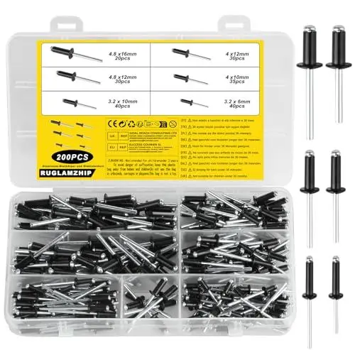 Produktbild: 200 Stück Blindnieten Alu Nieten Popnieten Set, Aluminium Blindnieten Set, Blindniet mit Großem Flansch, Pop Nieten Stahlniete, Alu Blindnieten Sortiment für Blindnietzangen, Schwarz/Silver