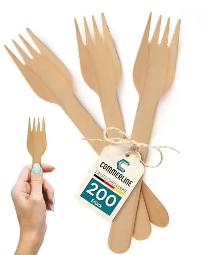 Produktbild: Commerline 200 Stück Einweg Holzlgabeln, Holzgabel Einweggabel Einwegbesteck, Holzbesteck Holz Einweg Gabel Besteck, Einmalgabel Gabeln aus Holz