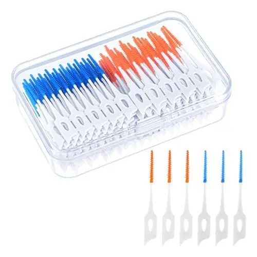 Produktbild: 200 Stück Interdentalbürsten, Silikon Zahnzwischenraumbürsten Dentalbürsten mit Box, Tragbarer Dual-Use Zahnseide Stick für Zahnreinigung Zwischenräume (Grün, Orange)