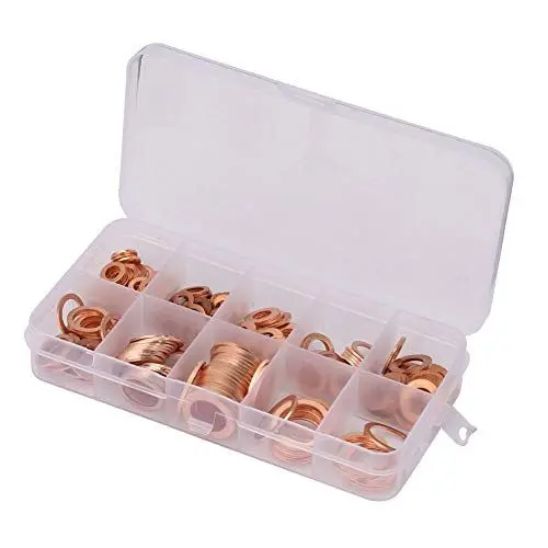 Produktbild: 200 Stück Kupfer Unterlegscheiben Sortiment Unterlegscheiben Unterlegscheiben Set M5 M6 M8 M10 M12 M14 Unterlegscheiben Massivkupfer Ring Unterlegscheiben Sortiertes Set (1 Box)