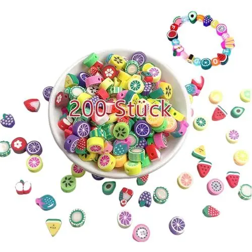 Produktbild: 200 Stück Obst Perlen zum Auffädeln, Polymer Clay Beads,Weiche Keramik,Polymer Clay Beads Früchte,DIY Armband Zubehör,Weiche Topfperlen,Obst Armband Perlen,Schmuckperlen,für Kinder und Mädchen