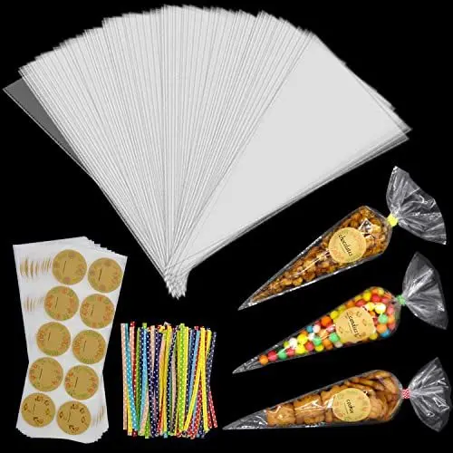 Produktbild: 200 Stück Süßigkeiten Tüten, 25x13cm Transparent Spitztüten Candy Bar Tüten Cellophantüten mit 200 Metall Bänder und Aufkleber für Klare Gefüllte Taschen für Bonbons Schokolade Snacks