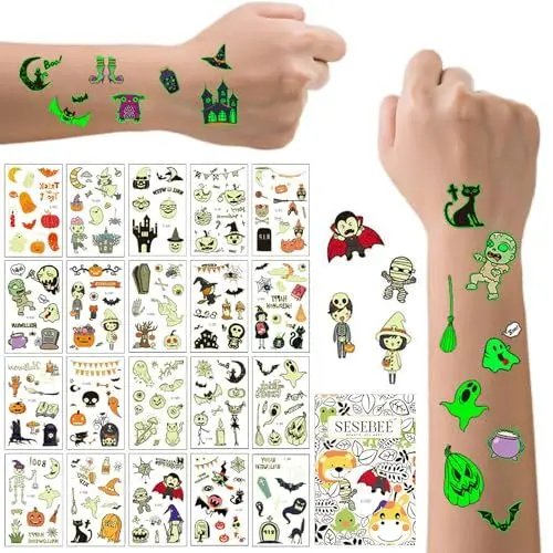 Produktbild: 200 Stück Halloween temporäre Tattoos, leuchtende Halloween-Tattoos für Kinder, wasserdichte Kinder temporäre Tattoos, lustige Halloween Party Favors Game Supplies für Kinder Jungen und Mädchen