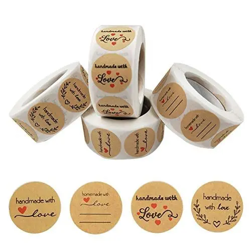 Produktbild: 2000 Stück Handmade Aufkleber,Etiketten Marmelade 4 Rollen Love Aufkleber Sticker Kraft Selbstgemacht Mit Liebe Etiketten Rund Selbstklebend Geschenkaufkleber