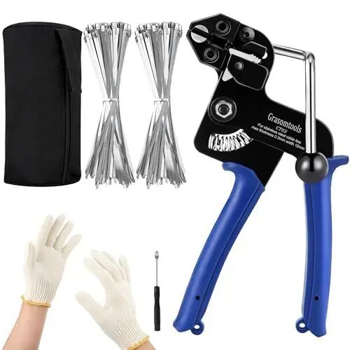 Produktbild: 200-teiliges Kabelbinderpistolen-Set aus Metall, Kabelbinderpistole aus Edelstahl, verstellbares Spann- und Schneidwerkzeug mit 200 selbstsichernden Kabelbindern aus Edelstahl 304
