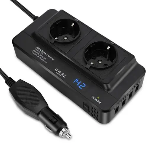 Produktbild: 200W Auto Spannungswandler Wechselrichter DC 12V auf AC 230V Autoladegerät Adapter mit 4 USB Anschlüssen und Zwei AC Ausgängen, Mehrfachschutz Auto Stromwandler, Schnelllade