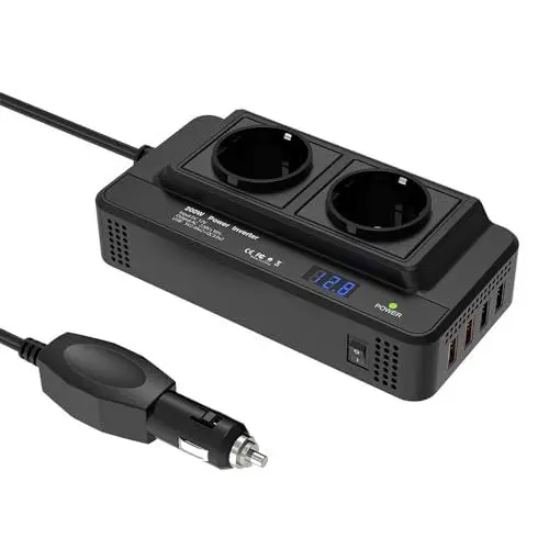 Produktbild: 200W Auto Spannungswandler Wechselrichter DC 12V to AC 230V mit 2 Steckdosen und 4 USB Ports Schnelles Aufladen KFZ Ladegerät mit Zigarettenanzünderstecker für Geschaeftsfahrten und Urlaub